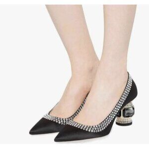 FSJ Black Satin Pointed Toe Chunky Block Low Heel Crystal Pumps Slip on Wedding